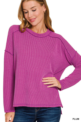 Zenana Raised Rib Raw Edge Boatneck Long Sleeve Top