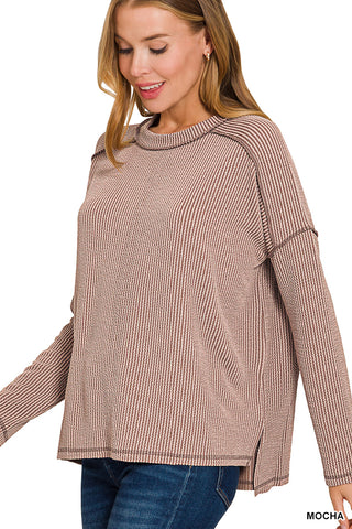 Zenana Raised Rib Raw Edge Boatneck Long Sleeve Top