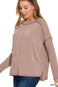 Zenana Raised Rib Raw Edge Boatneck Long Sleeve Top