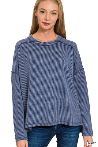 Zenana Raised Rib Raw Edge Boatneck Long Sleeve Top