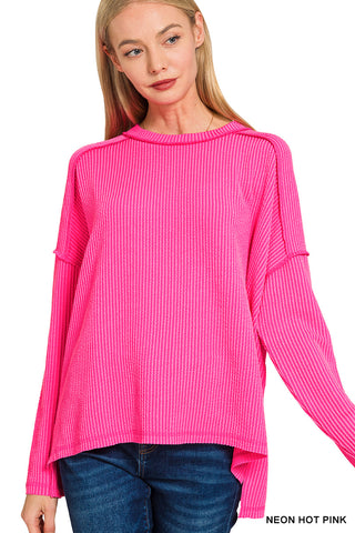 Zenana Raised Rib Raw Edge Boatneck Long Sleeve Top
