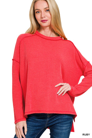 Zenana Raised Rib Raw Edge Boatneck Long Sleeve Top