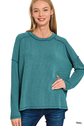 Zenana Raised Rib Raw Edge Boatneck Long Sleeve Top