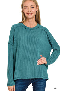 Zenana Raised Rib Raw Edge Boatneck Long Sleeve Top
