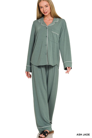 Zenana - Button-down Long Sleeve Shirt PJ Set - Ash Jade