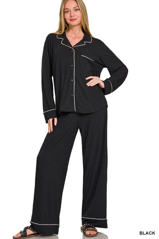 Zenana - Button-down Long Sleeve Shirt PJ Set - Black
