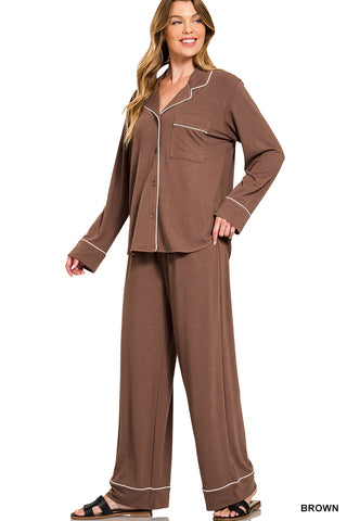 Zenana - Button-down Long Sleeve Shirt PJ Set - Brown