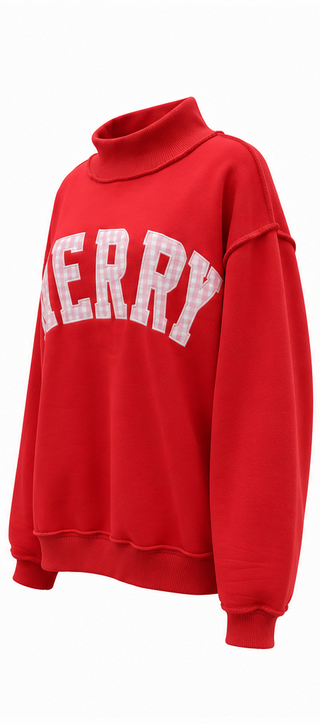 BUCKETLIST -  'Merry' Embroidered Mock Neck Sweatshirt - Red