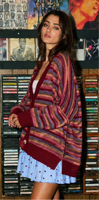 Bucketlist - Multi-stripe Oversized Sweater Cardigan - Wine