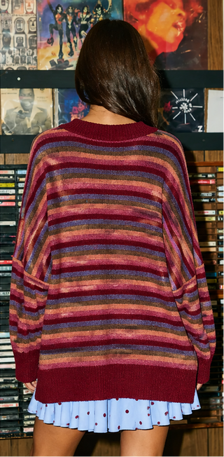 Bucketlist - Multi-stripe Oversized Sweater Cardigan - Wine