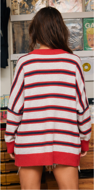 Bucketlist - Multi-stripe Oversized Sweater Cardigan - Oatmeal/Red