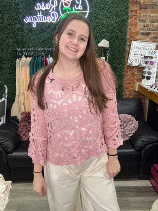 POL Crochet Lace Boho Top for Women Rose Pink