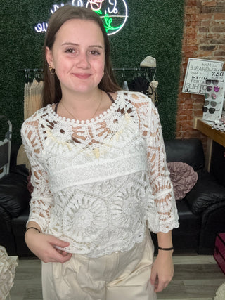 POL Crochet Lace Boho Top for Women Ivory