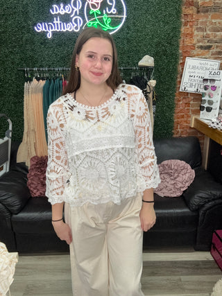 POL Crochet Lace Boho Top for Women Ivory