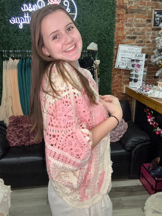 Pol Open Crochet Boho Cardigan Pink – Statement Layer with Ease