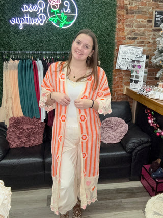 POL Boho Crochet Lace Kimono Cardigan – Lightweight Open-Front Layer Orange Multi
