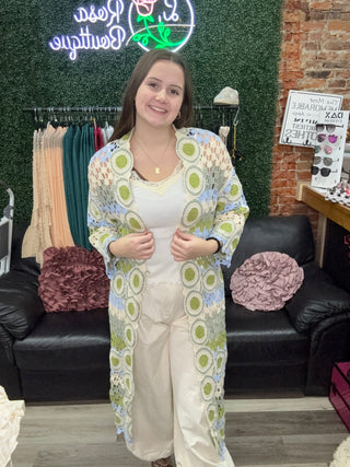 POL Boho Crochet Long Kimono Cardigan – Lightweight Open Knit Duster Sage Multi