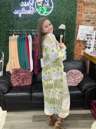 POL Boho Crochet Long Kimono Cardigan – Lightweight Open Knit Duster Sage Multi