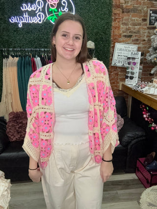 POL Pink Floral Crochet Kimono Cardigan – Boho Lightweight Layer