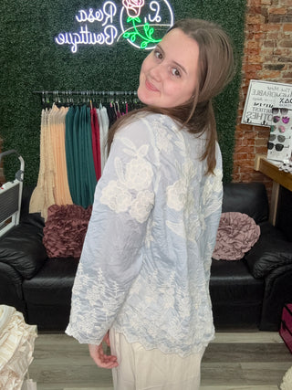 POL Embroidered Lace Button-Down Boho Shirt Sky Blue