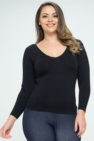 Yelete Seamless Reversible V-Neck Long Sleeve Top - Black
