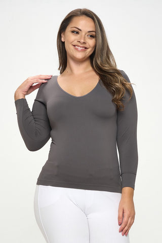 Yelete Seamless Reversible V-Neck Long Sleeve Top - Charcoal