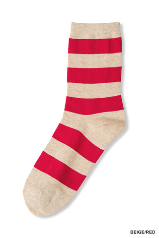 Zenana -Striped Crew Socks - Beige Red