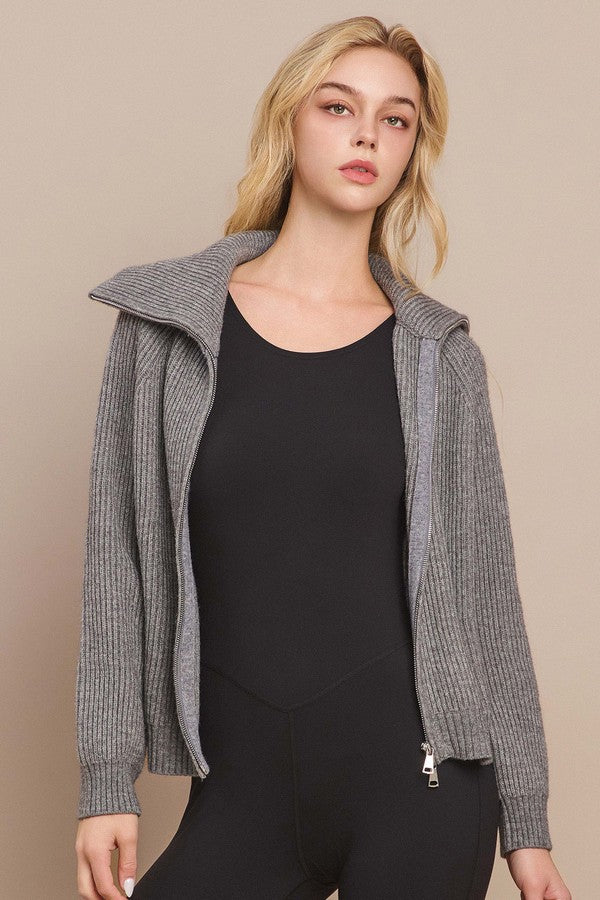 Double Zip Ribbed Cardigan – Funnel Neck Knit Sweater