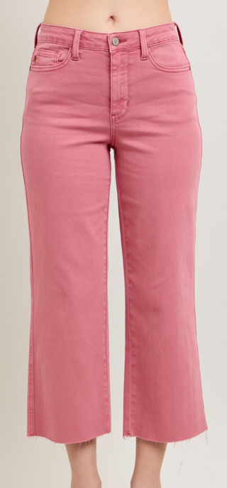 Judy Blue High Waist Garmet Dyed Raw Hem Wide Crop- Rose
