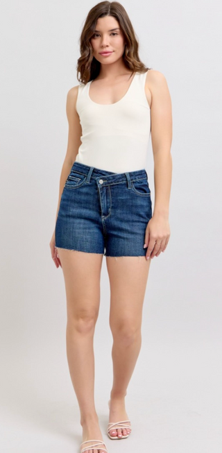 Judy Blue High Waist Criss-Cross Waistband Shorts- Dark Wash