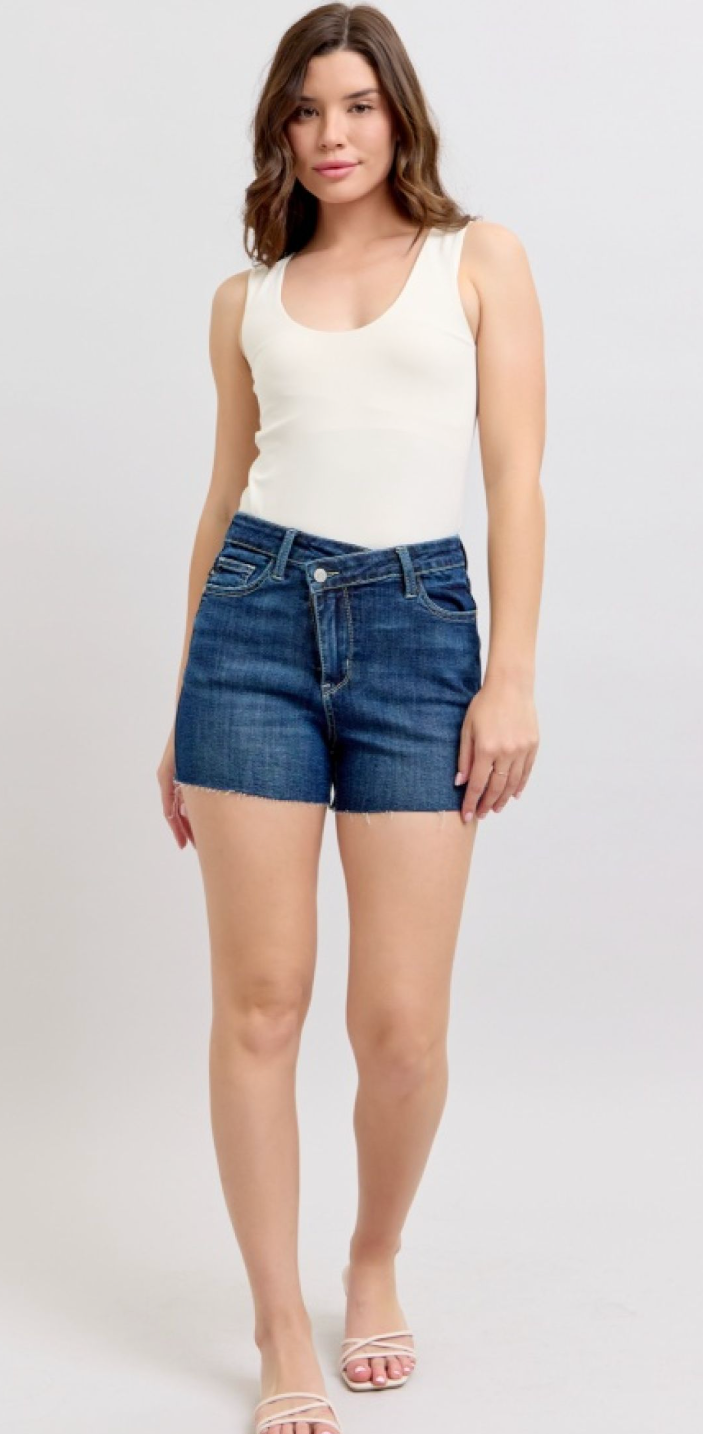 Judy Blue High Waist Criss-Cross Waistband Shorts- Dark Wash