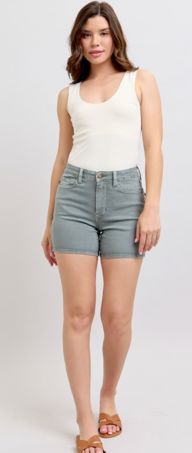 Judy Blue High Waist Stone Blue Garment Dyed & Back Pocket Embroidered Shorts