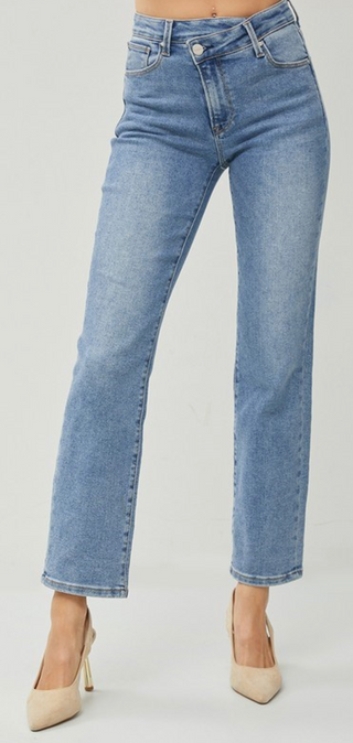 Risen High Rise Crossover Ankle Straight Jeans – Medium Blue Denim