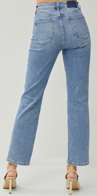 Risen High Rise Crossover Ankle Straight Jeans – Medium Blue Denim
