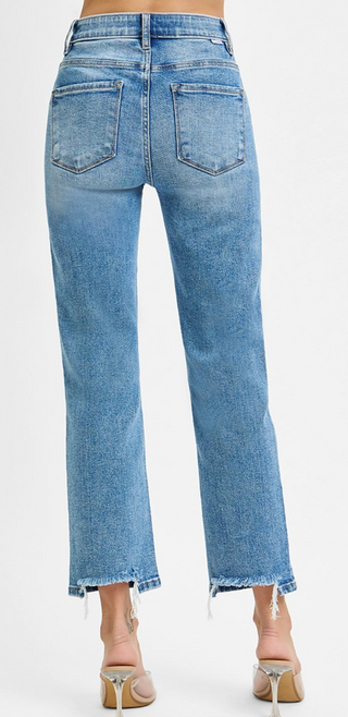 Risen High Rise Crop Straight Jeans with Elastic Band – Medium Blue | Flattering Denim