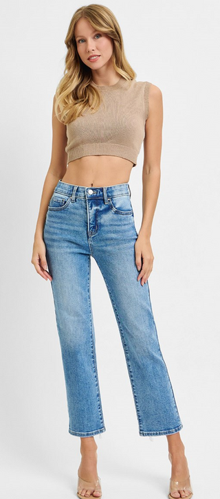 Risen High Rise Crop Straight Jeans with Elastic Band – Medium Blue | Flattering Denim