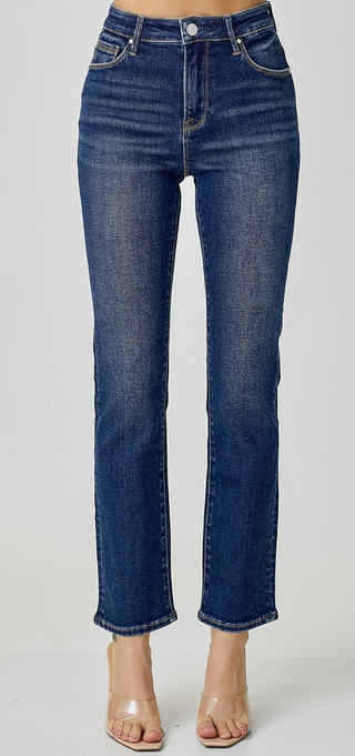Risen Mid Rise Ankle Straight Slim Jeans – Dark Wash Denim