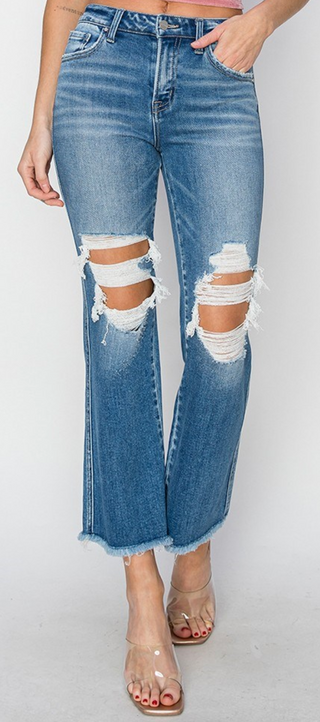 Risen Mid Rise Crop Flare Jeans – Medium Blue | Trendy Boutique Denim