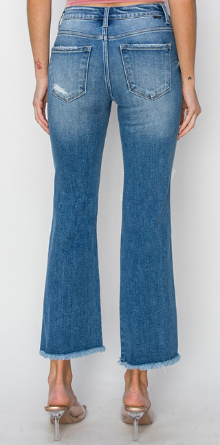 Risen Mid Rise Crop Flare Jeans – Medium Blue | Trendy Boutique Denim