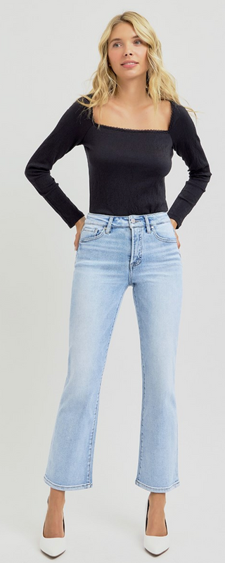 Risen Tummy Control High Rise Crop Straight Jeans – Light Wash Denim