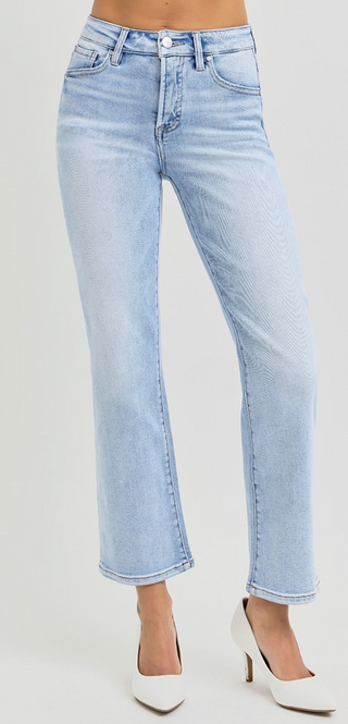 Risen Tummy Control High Rise Crop Straight Jeans – Light Wash Denim