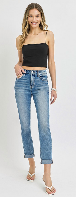 Risen High Rise Roll-Up Ankle Skinny Jeans – Medium Blue Denim