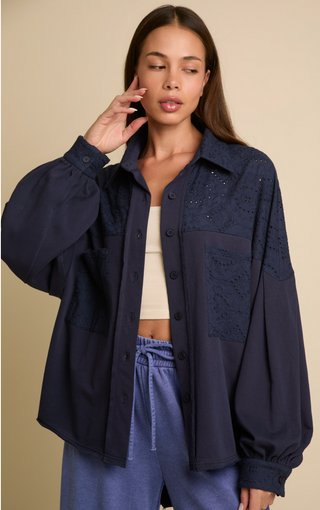 Fantastic Fawn Eyelet Lace Contrast Button Front Shirt with Long Sleeve- Navy Blue