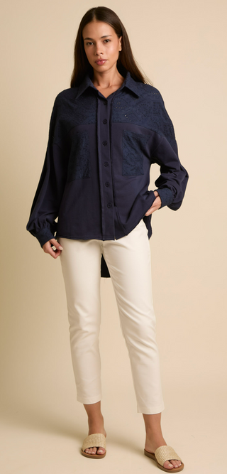 Fantastic Fawn Eyelet Lace Contrast Button Front Shirt with Long Sleeve- Navy Blue