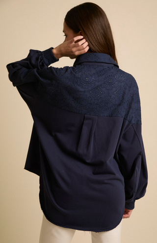 Fantastic Fawn Eyelet Lace Contrast Button Front Shirt with Long Sleeve- Navy Blue