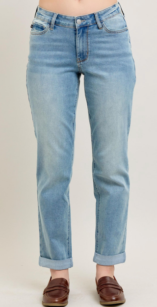 Judy Blue V-Front Cool Denim Cuff Boyfriend - Medium Blue