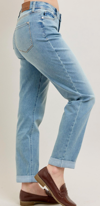 Judy Blue V-Front Cool Denim Cuff Boyfriend - Medium Blue