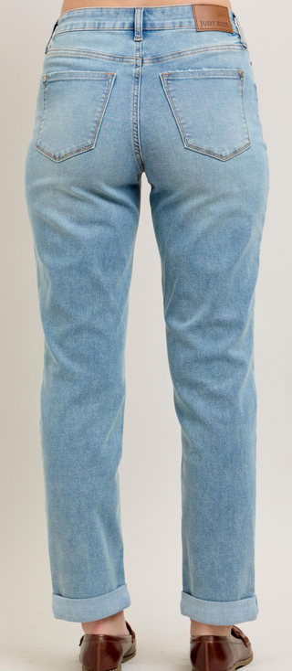 Judy Blue V-Front Cool Denim Cuff Boyfriend - Medium Blue