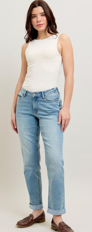 Judy Blue V-Front Cool Denim Cuff Boyfriend - Medium Blue