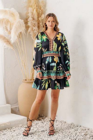 Oddi Tropical Border Printed Long Sleeve Mini Dress